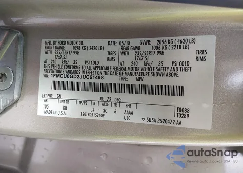 2018 Ford Escape Se z USA, uszkodzony, nr VIN 1FMCU0GD2JUC61498